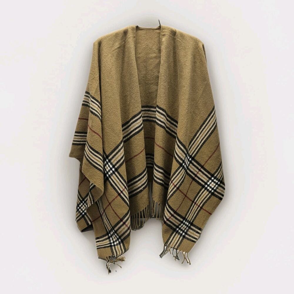 Unbranded Tan Plaid Ruana Wrap Shawl With Fringe Preppy Granny Open Front